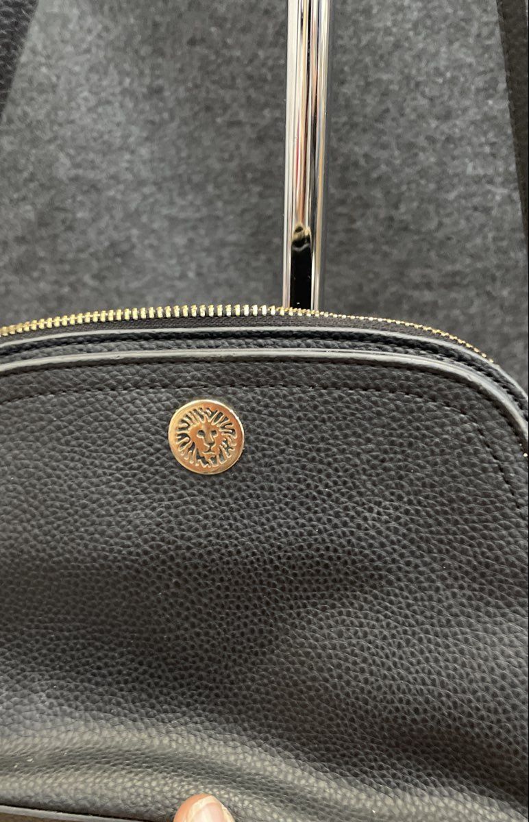Anne Klein Black Pebbled Crossbody Handbag Gold Tone Lion Logo Sm/Med