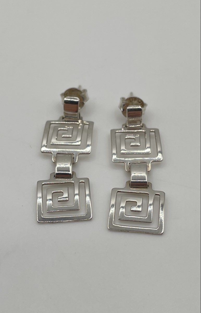 925 Sterling Silver Greek Key Meander Dangle Earrings 2.6g