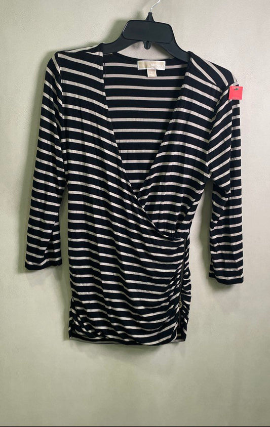 Michael Kors Women's Black White Striped Surplice Ruched Side Zipper Top Sz S