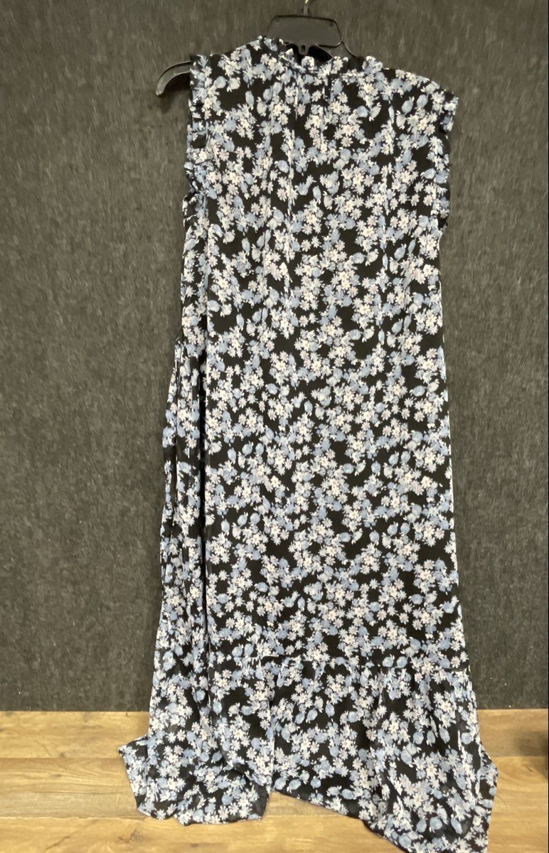 LOFT Women's Black Blue Floral Ruffle Neck Sleeveless Tiered Midi Dress Sz M NWT