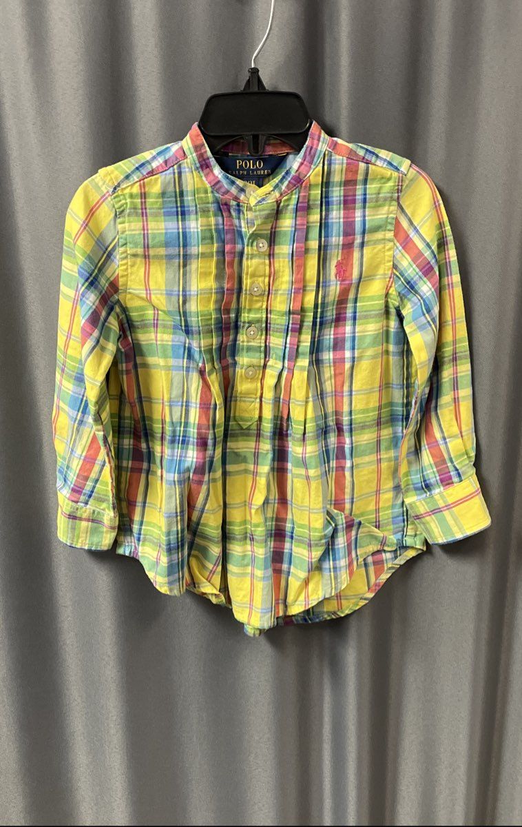 Polo Ralph Lauren Toddler Yellow Multi Plaid Band Collar Pleated Shirt Sz 3T