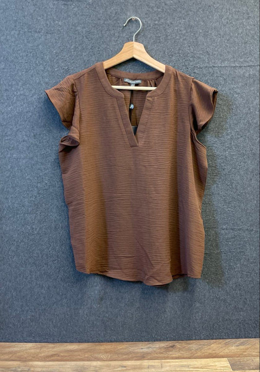 Adrianna Papell Women's Brown V-Neck Woven Top Flutter Cap Sleeve Sz M NWT