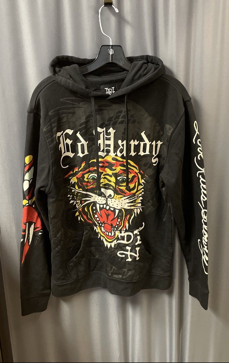 Vintage Ed Hardy Men's Black Tiger Graphic Hoodie Love Kills Slowly Y2K Sz S