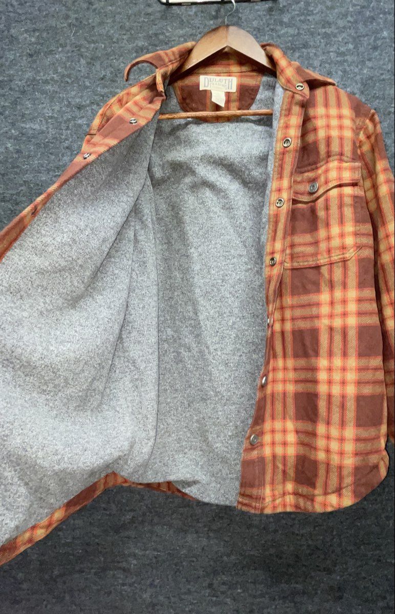 Duluth Trading Co. Men's Orange Plaid Fleece Lined Flannel Snap Shacket Jacket