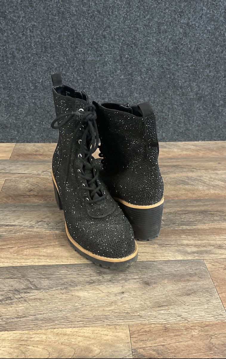 INC International Concepts Samira 2 Black Rhinestone Combat Ankle Boots Size 10M