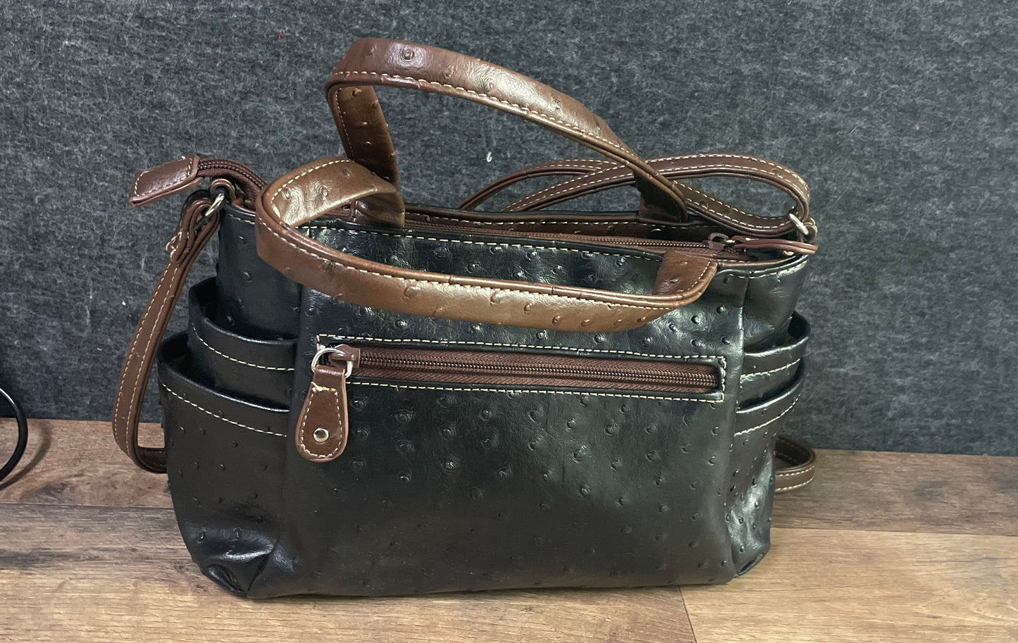 Vintage Koltov Black Ostrich Embossed Satchel Crossbody Handbag Brown Trim