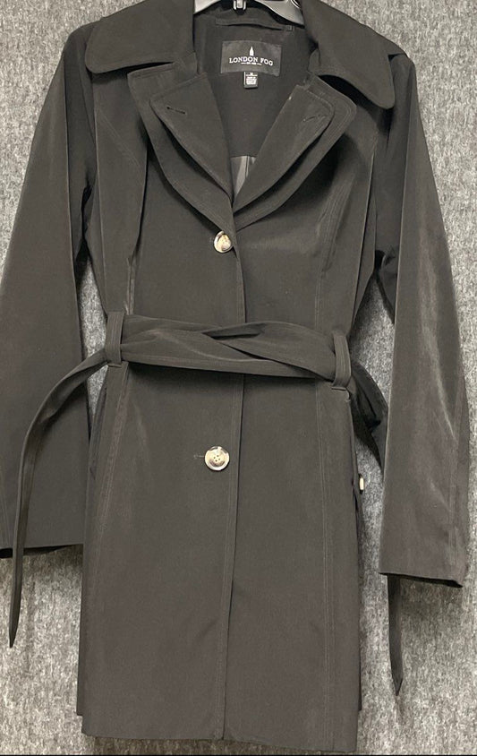 London Fog Women's Black Hooded Belted Trench Coat Sz M