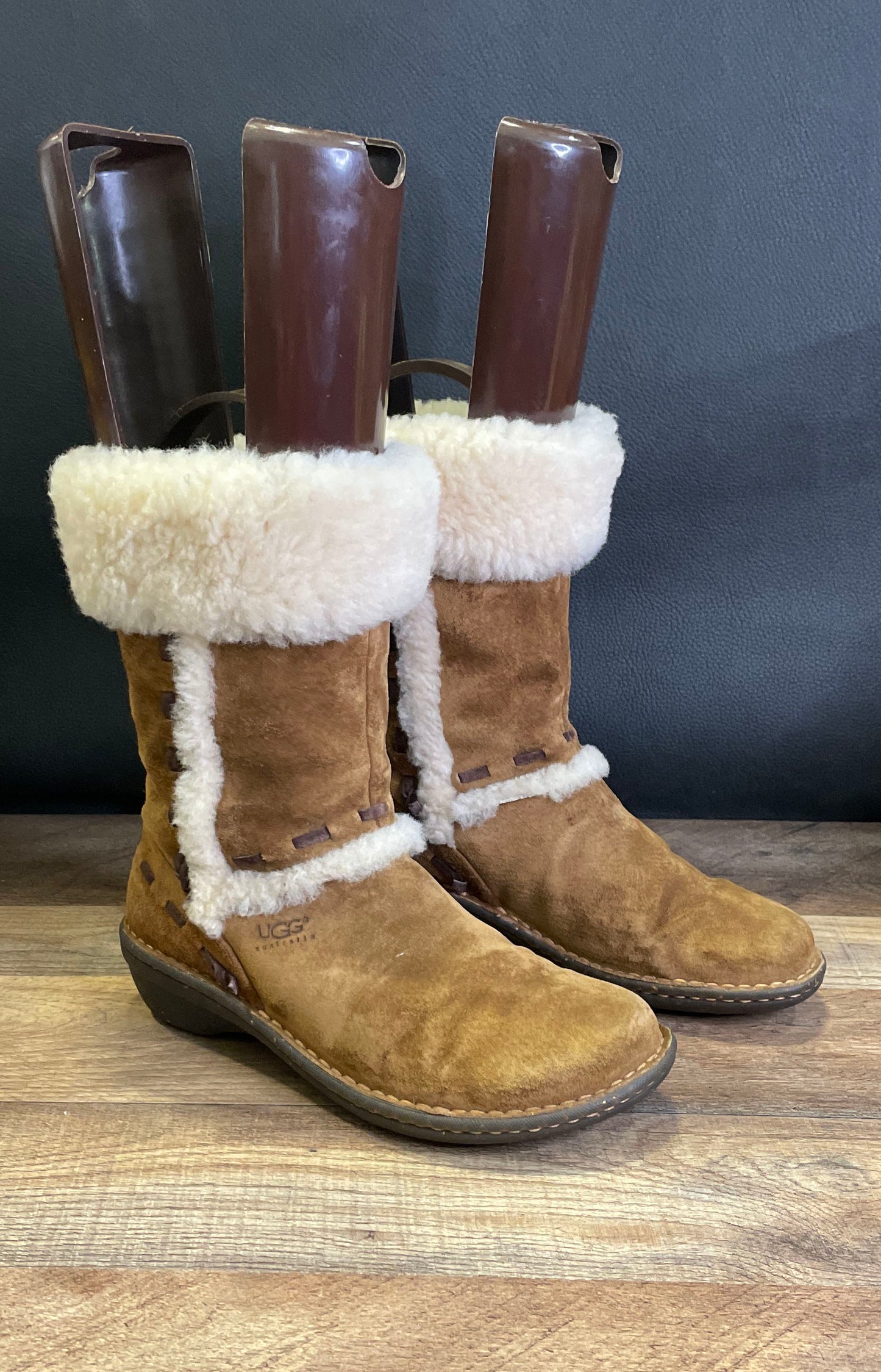 UGG Sunburst Tall Chestnut Suede Sheepskin Boots Size 6