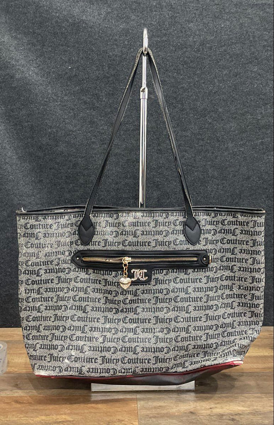 Juicy Couture Grey Monogram Large Tote Bag Rhinestone JC Logo Charm