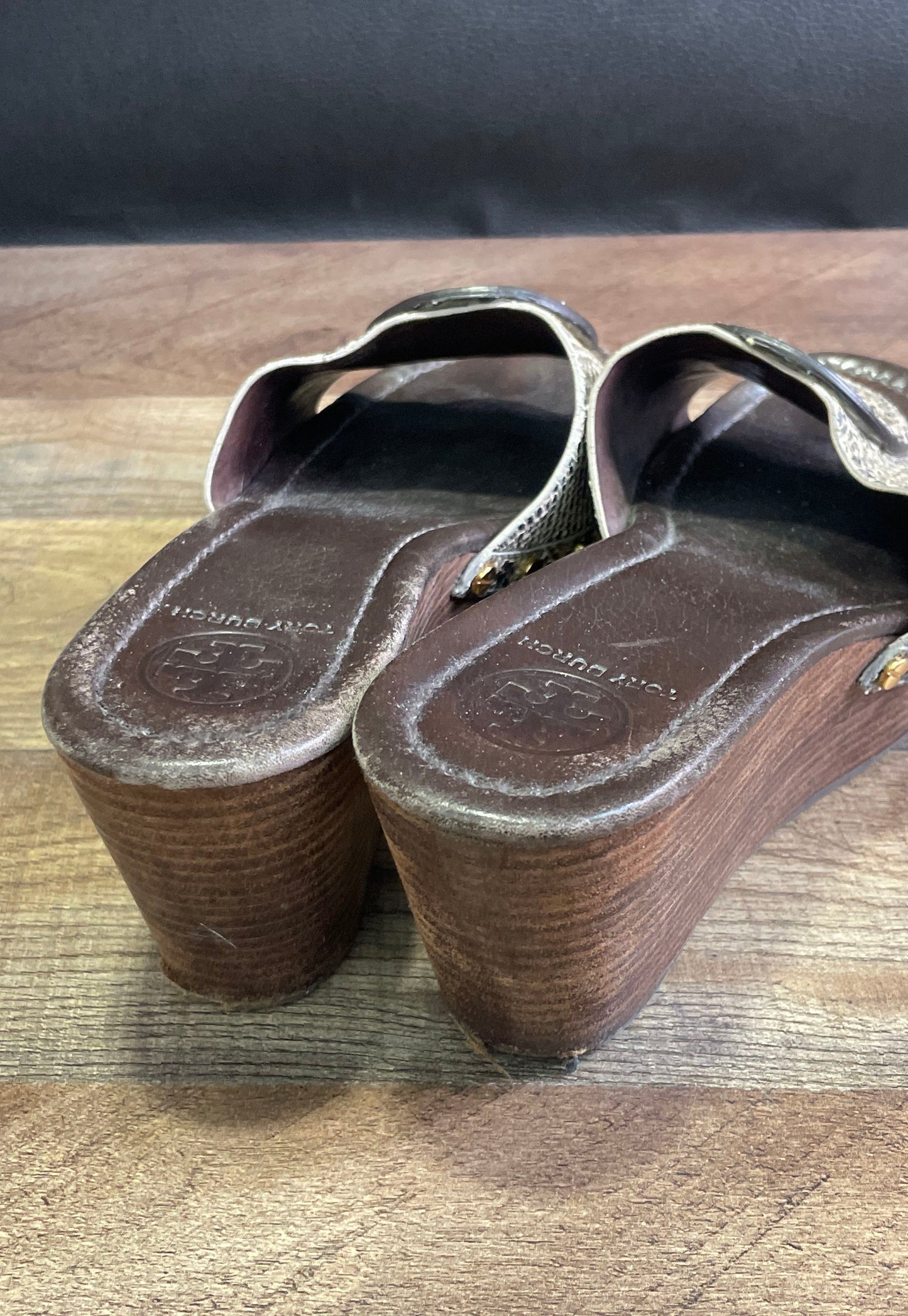 Tory Burch Snakeskin Leather Wooden Platform Wedge Slide Sandals Size 8.5