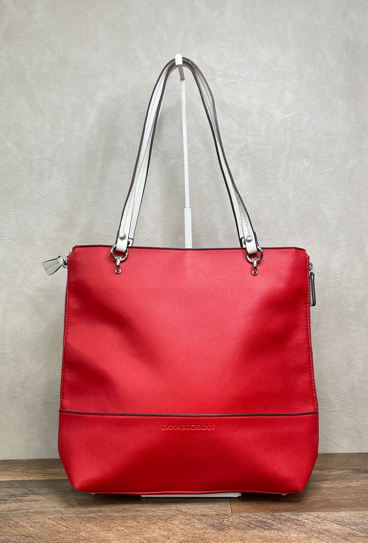 Dana Buchman Red Saffiano Textured Tote Bag White Straps Floral Lining Silver