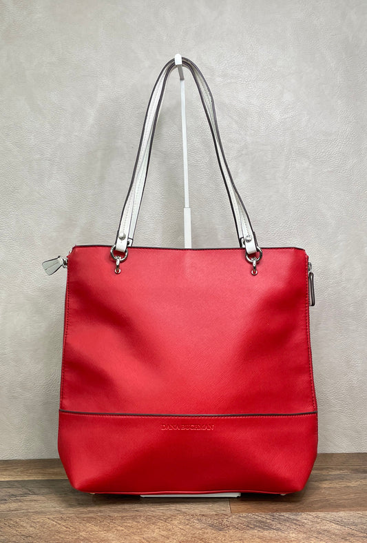 Dana Buchman Red Saffiano Textured Tote Bag White Straps Floral Lining Silver