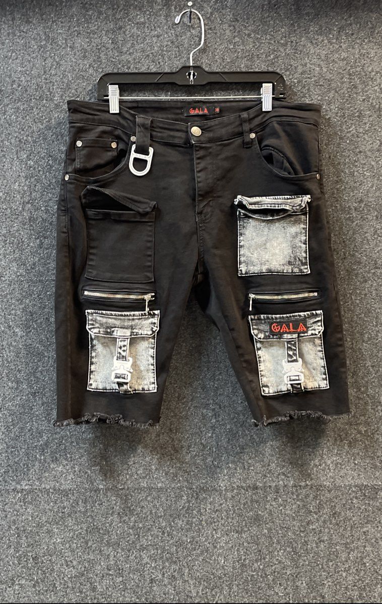 Gala Men's Black Tactical Cargo Shorts Acid Wash Pockets Frayed Hem Sz 38