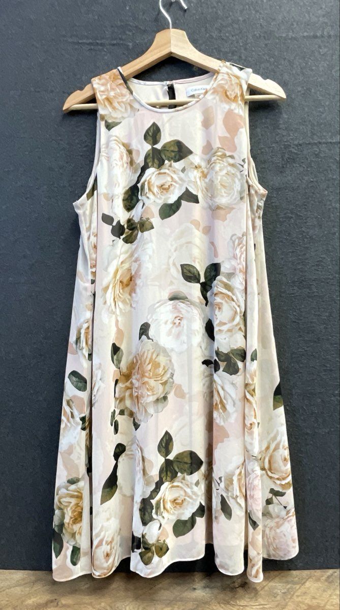 Calvin Klein Women's Pink Floral Sleeveless Trapeze Dress Beige Cream Sz 12