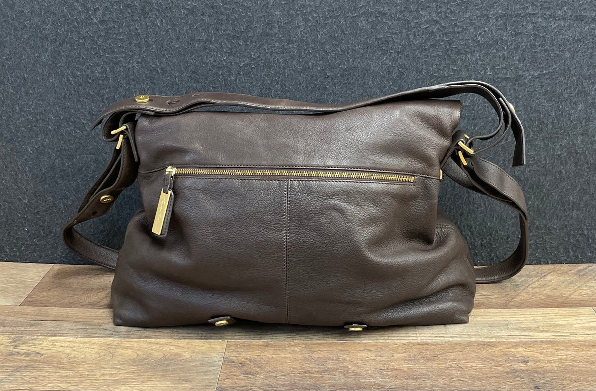 Kenneth Cole New York Brown Leather Foldover Crossbody Shoulder Bag Large Gold