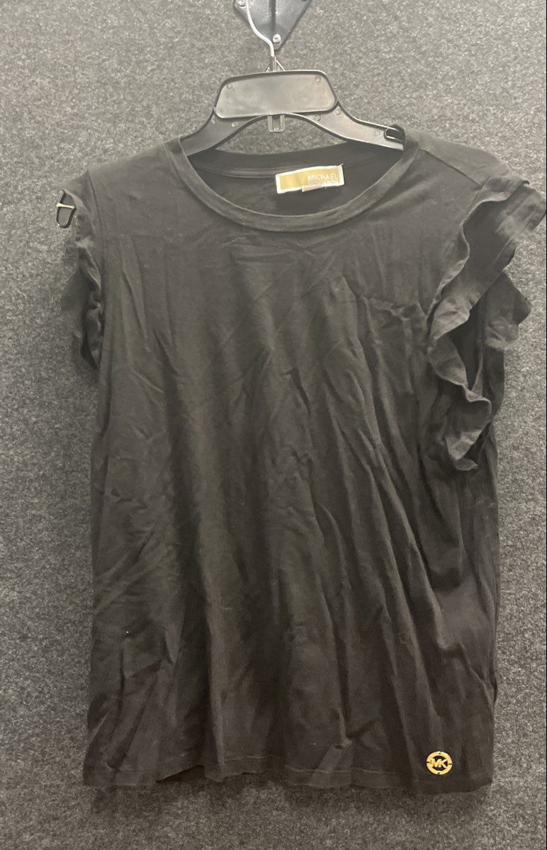 Michael Kors Women's Black Ruffle Sleeve Flutter Top Gold Logo Medallion Sz L