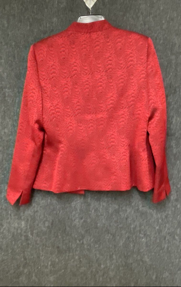 Jones Studio Women's Red Black Textured Jacquard Mandarin Collar Blazer Sz 12