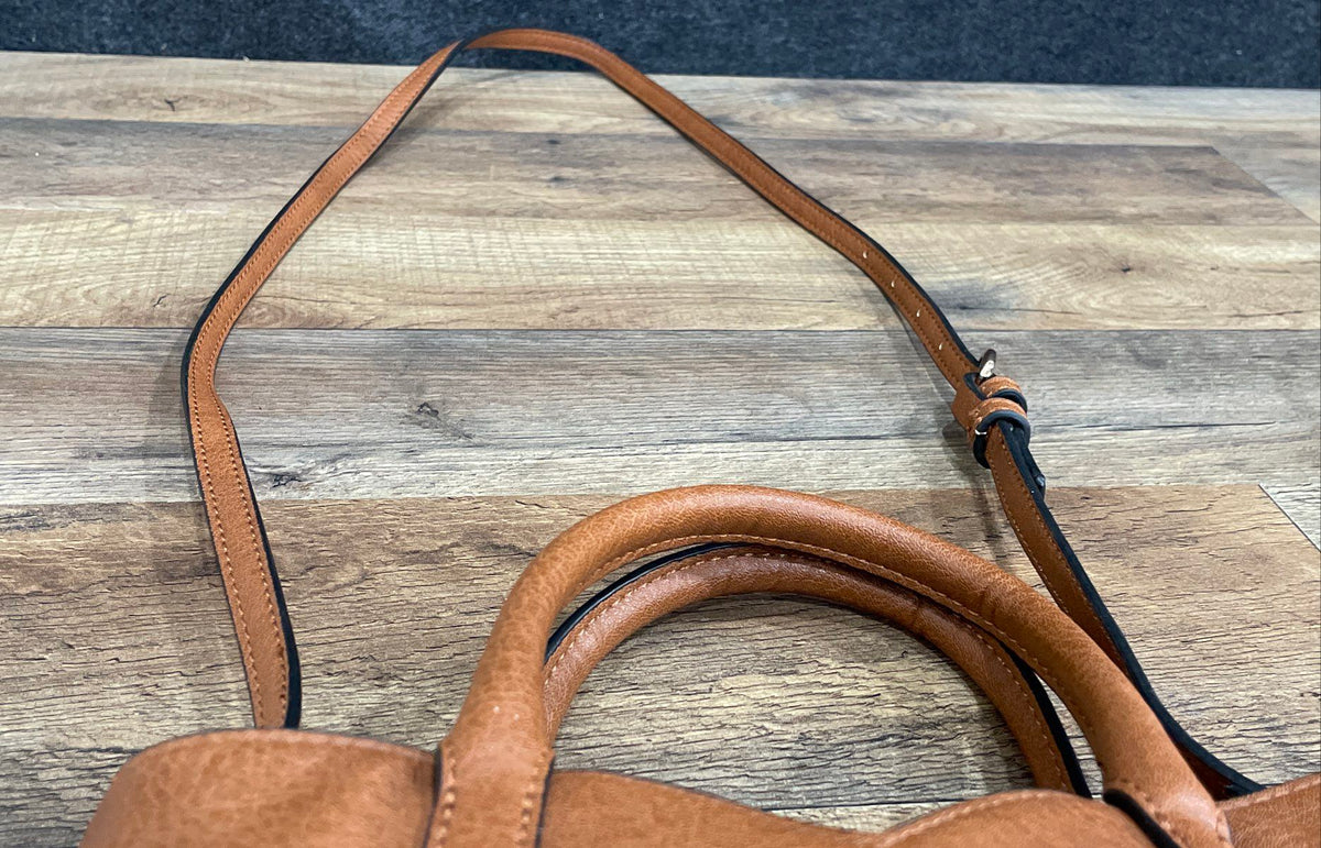 Lauren Conrad Brown Leather Crossbody Handbag Tote Bag Gold Tone Hardware 13in