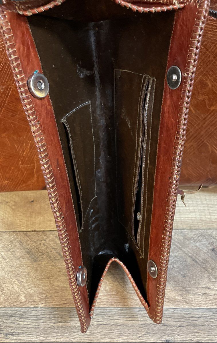 Vintage 1970s Brown Tooled Leather Handbag and Matching Wallet Set