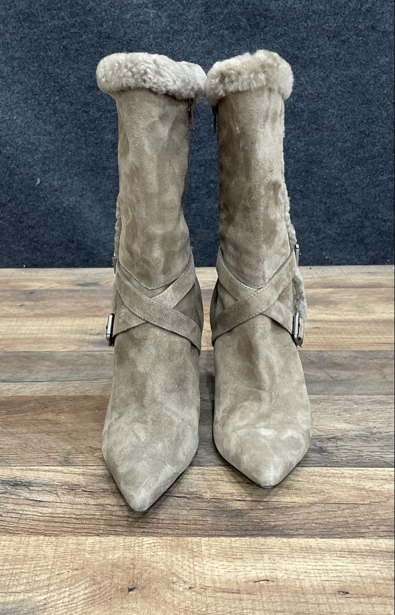 Anne Klein Grey Suede Faux Fur Trim Mid-Calf Heeled Boots Size 7.5 M