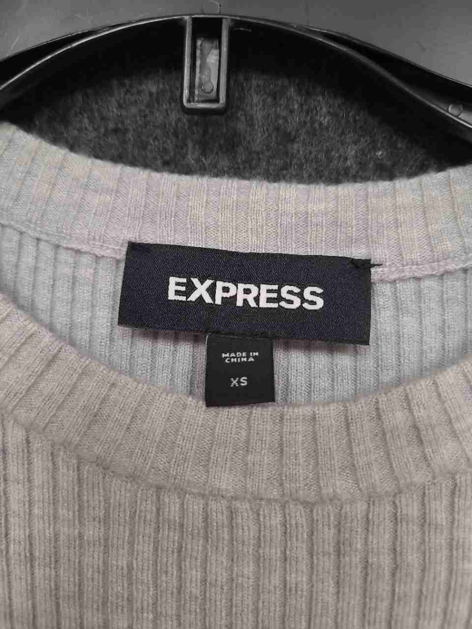 Express Women's Grey Ribbed Knit Puff Sleeve Top Sweater Sz XS