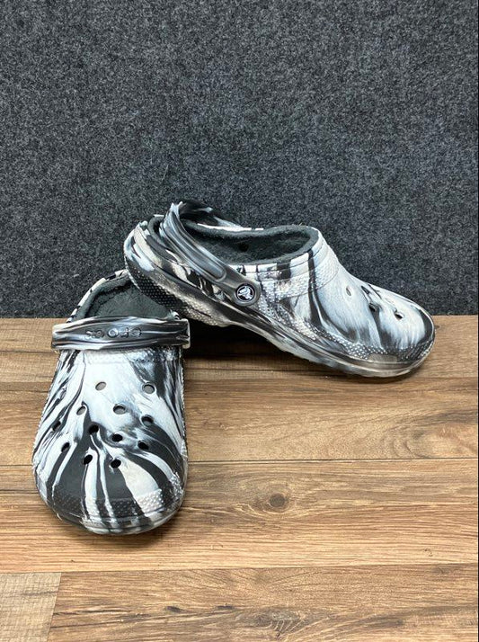 Crocs Classic Lined Clog Black White Marbled Fuzzy Comfort Shoes Size M8 W10