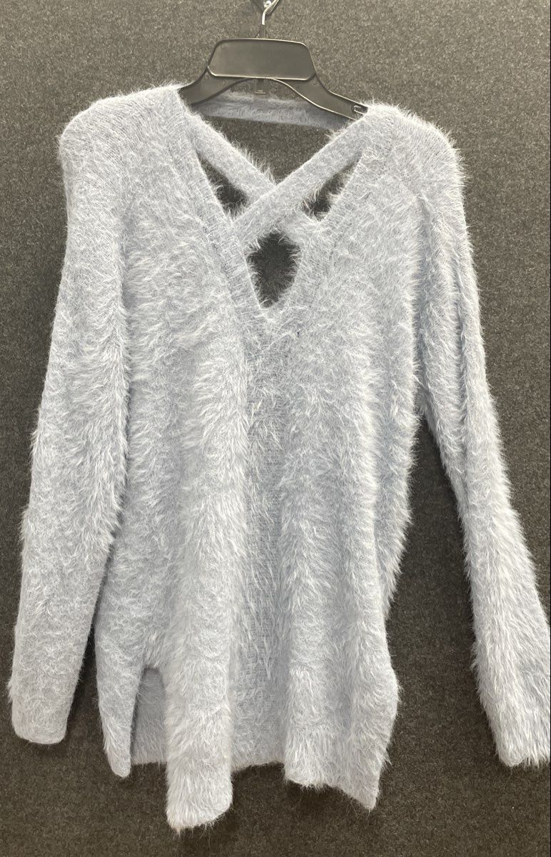 Jessica Simpson Women's Blue Fuzzy Eyelash Knit Criss Cross Back Sweater XS