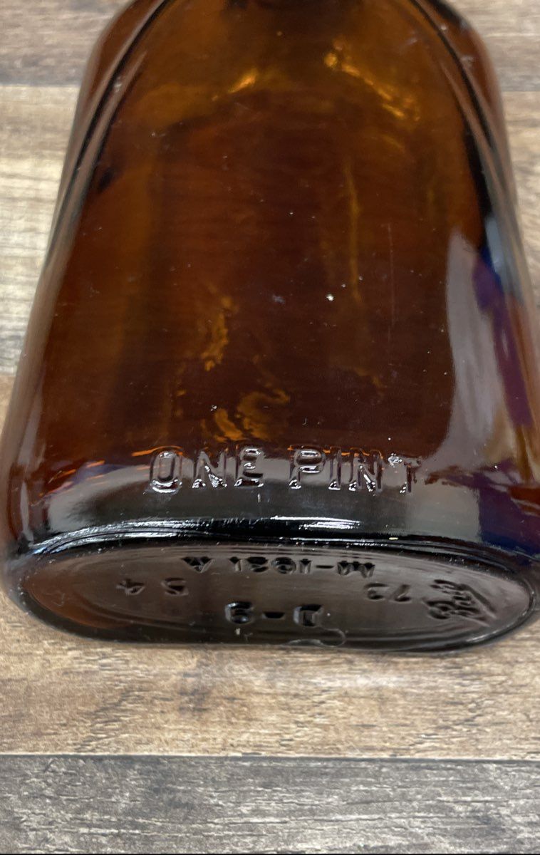 Vintage 1954 Owens-Illinois Whiskey Flask Amber Glass Bottle Federal Law Pint
