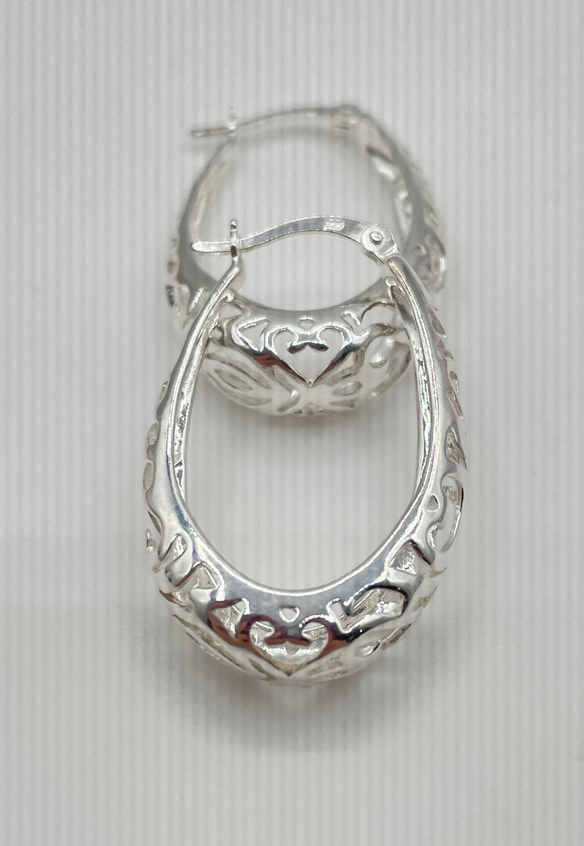 925 Sterling Silver Oval Filigree Hoop Earrings 5.3g
