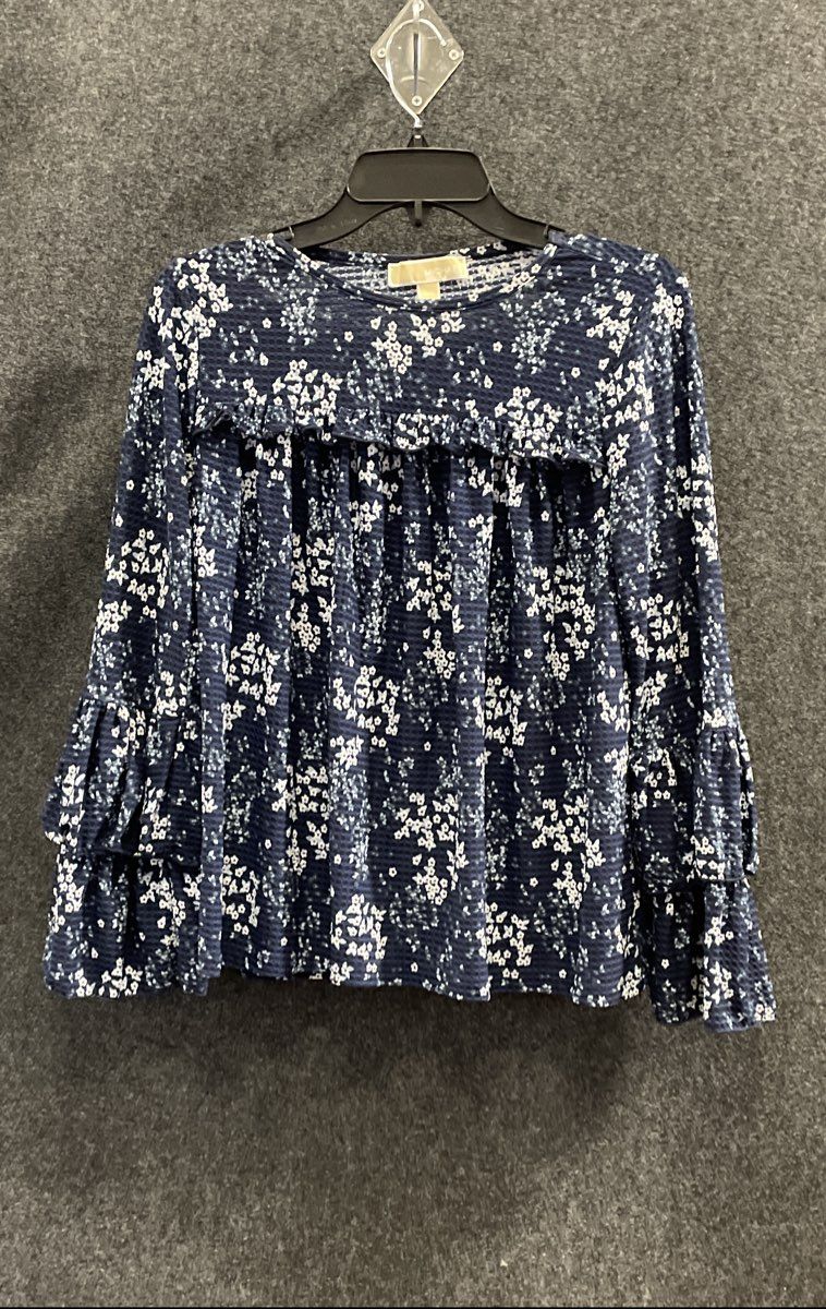 Michael Kors Women's Blue Floral Ruffle Tiered Bell Sleeve Blouse Sz P/S
