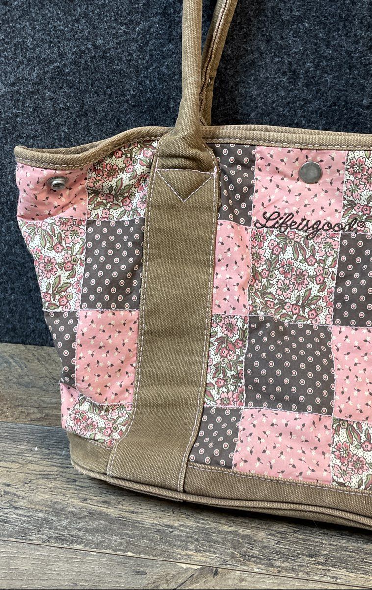 Life is Good Pink Brown Floral Patchwork Quilted Canvas Tote Bag