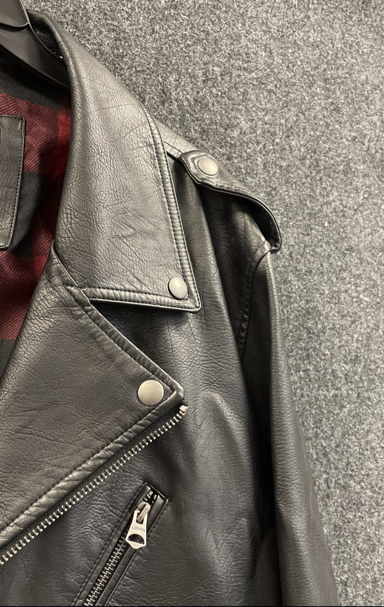 Levi's Men's Black Faux Leather Asymmetrical Moto Biker Jacket Plaid Lined Sz L