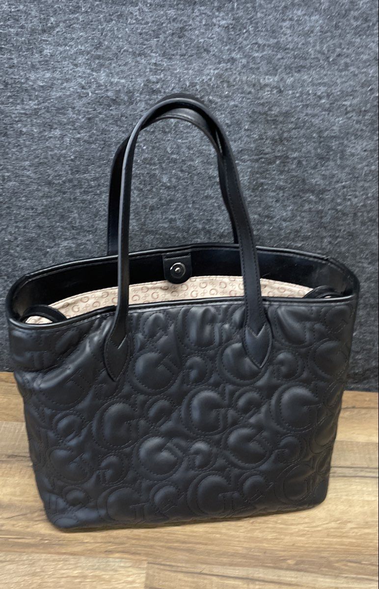 Guess Black Leather Quilted Monogram G Logo Tote Bag Silver Hardware