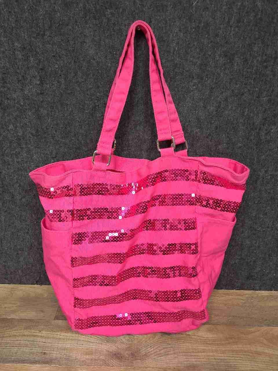 Victoria's Secret Sequin Canvas Tote Bags Striped Pouch Pink Black Lot of 3