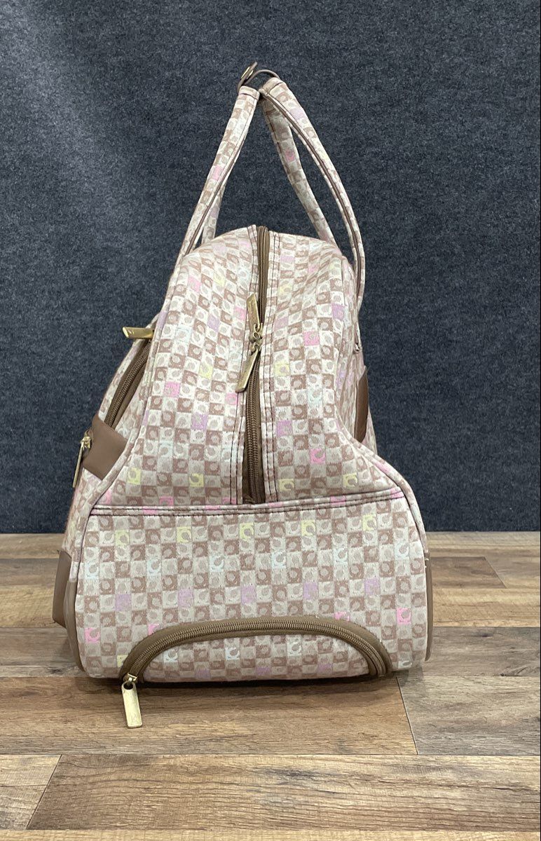 Vintage Liz Claiborne Checkered Rolling Travel Duffle Bag Brown Beige 24"
