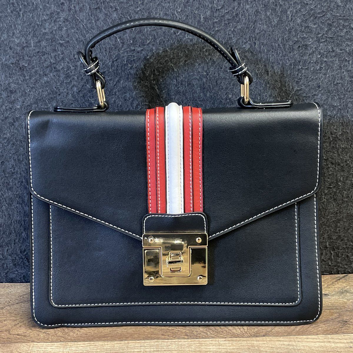 Scarleton Black Faux Leather Red White Stripe Top Handle Satchel Bag