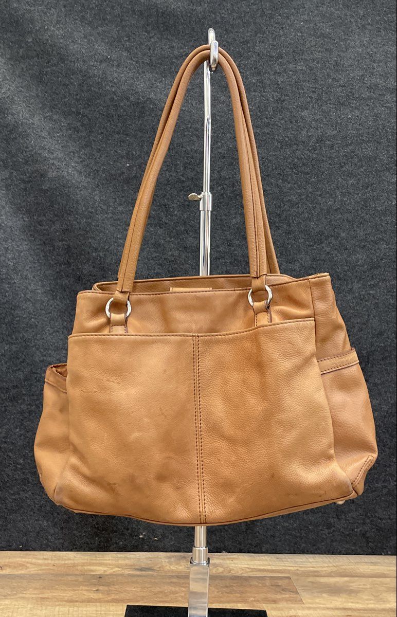 Liz Claiborne Tan Pebbled Leather Satchel Tote Bag Large Turn Lock Brown