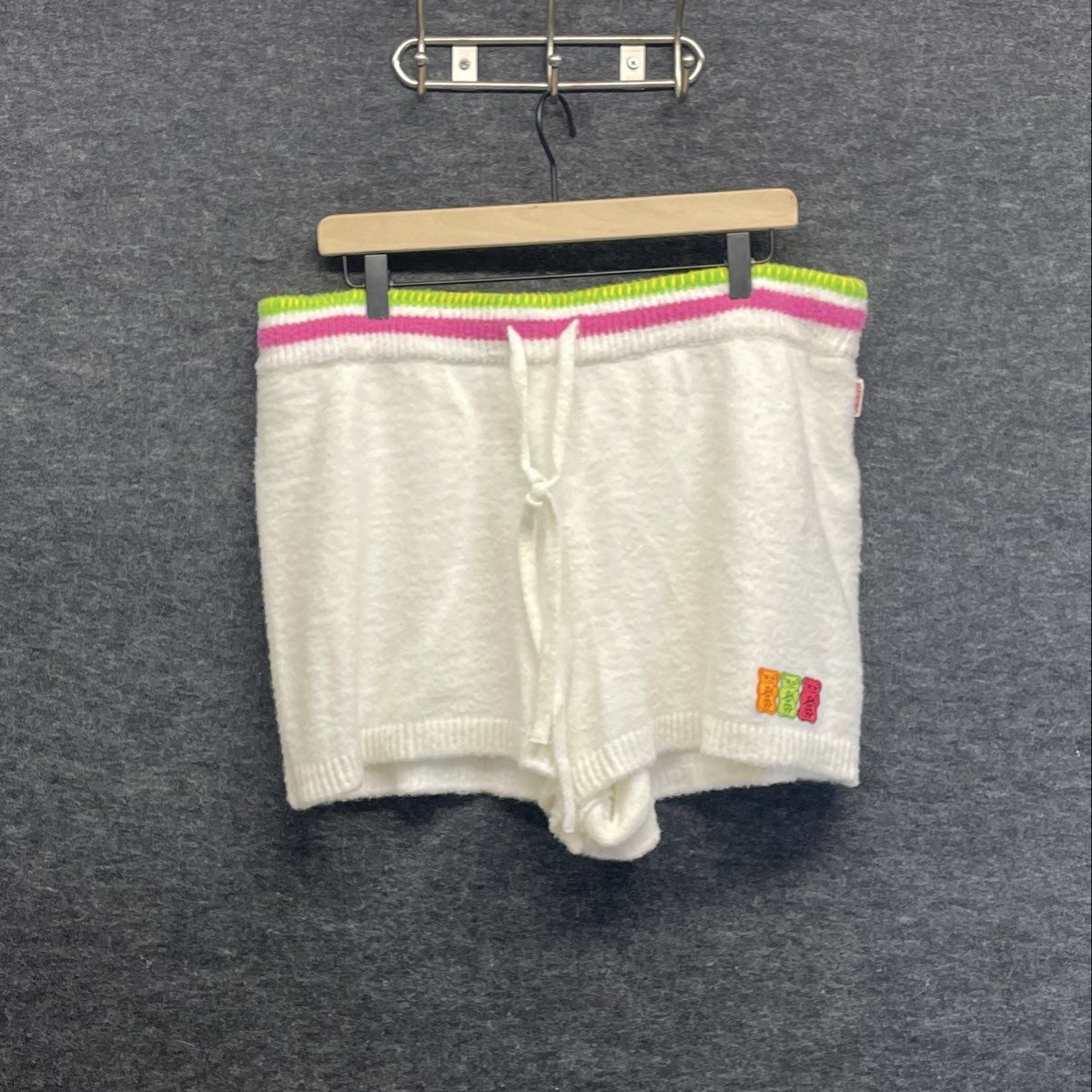 Haribo Gummy Bear Fuzzy Knit Shorts White XL Pink Green Stripe Waist Drawstring