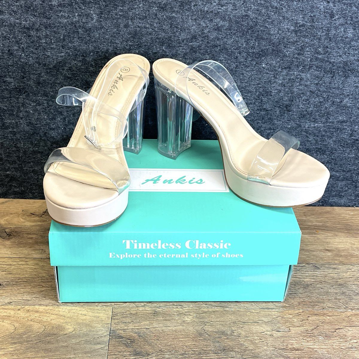 Ankis Clear Lucite Strappy Platform Block Heel Sandals Nude Womens Size 8