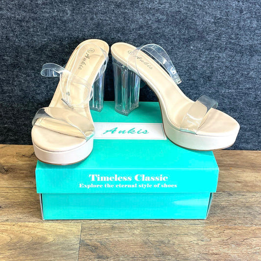Ankis Clear Lucite Strappy Platform Block Heel Sandals Nude Womens Size 8