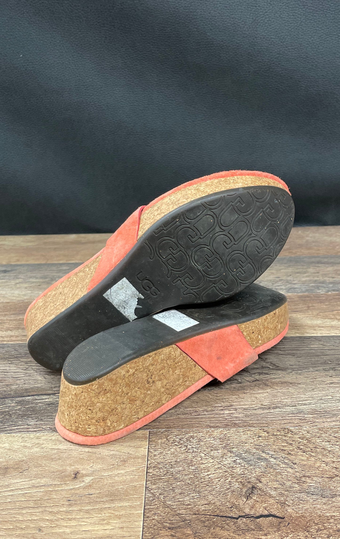 UGG Lucianna 1767 Coral Pink Suede Wedge Thong Sandals Women's Size 6