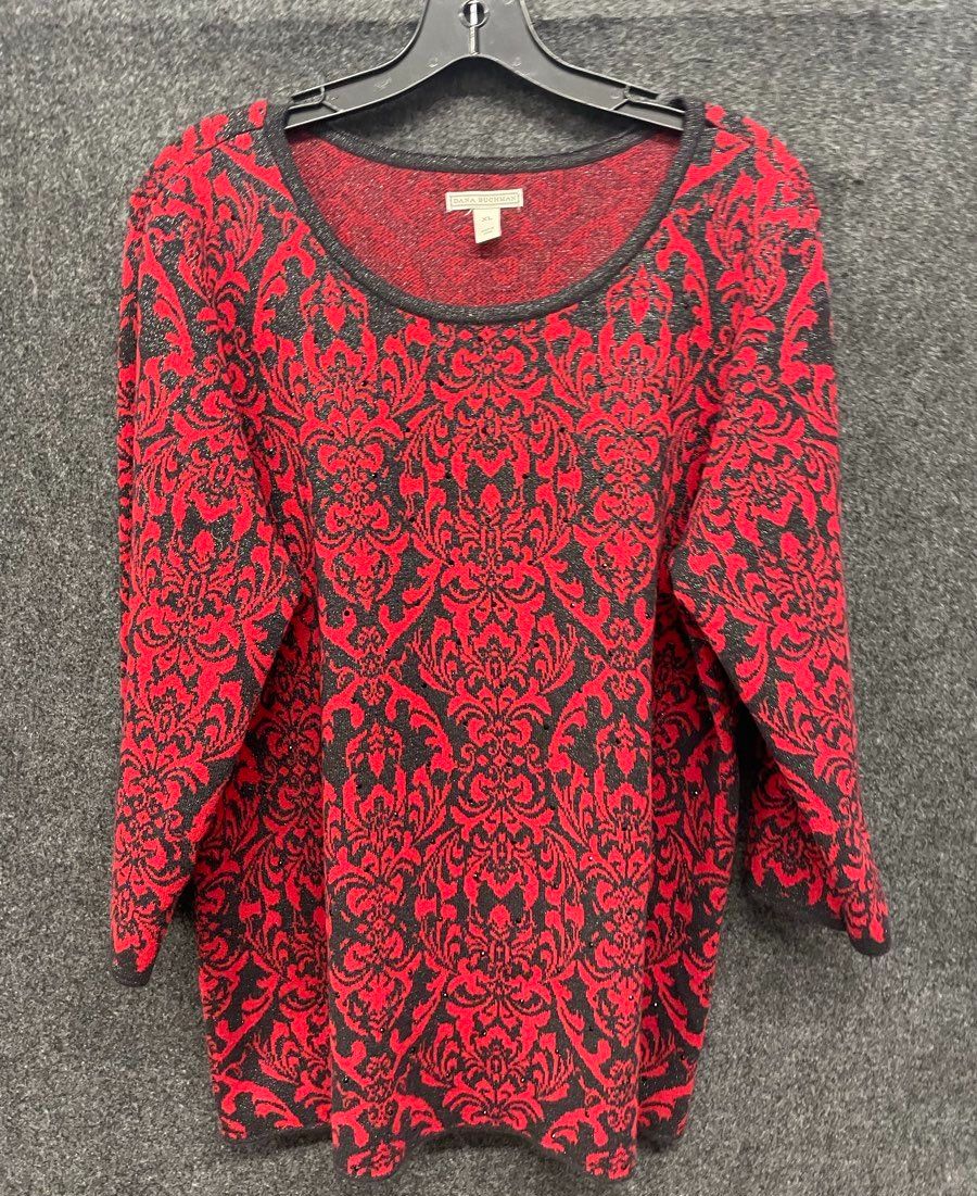 Dana Buchman Women's Red Black Damask Sequin Pullover Sweater Size XL