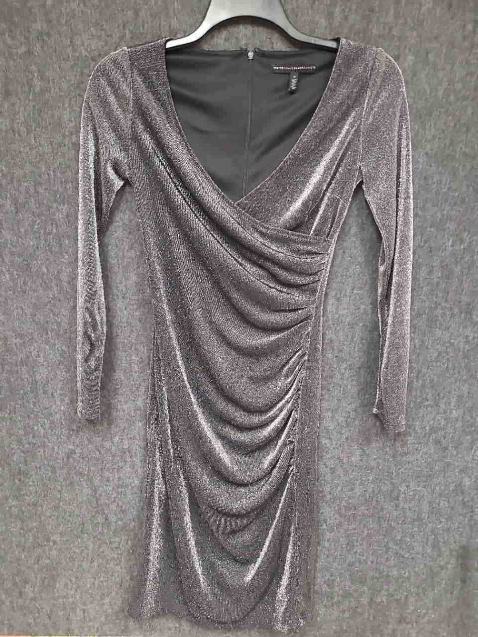 White House Black Market Women's Dress Silver Metallic Ruched Surplice Sz 0