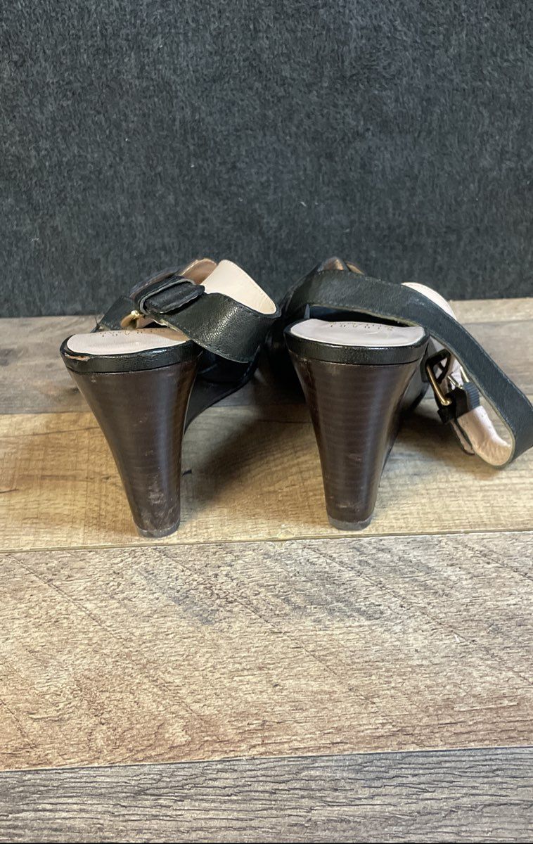 Stuart Weitzman Black Leather Cross Strap Slingback Wedge Sandals Size 8M
