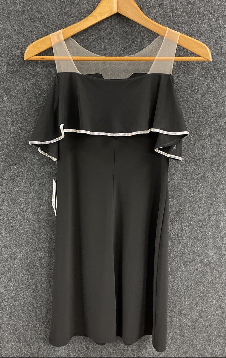 Prelude Women's Black Rhinestone Trim Cold Shoulder Illusion LBD Dress NWT Sz S