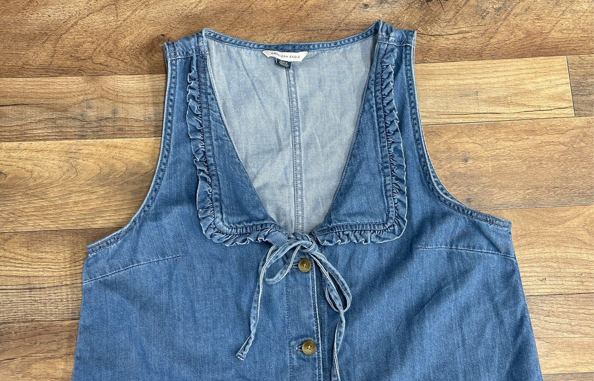 American Eagle Women's Chambray Button Up Dress Blue Ruffle Sz M