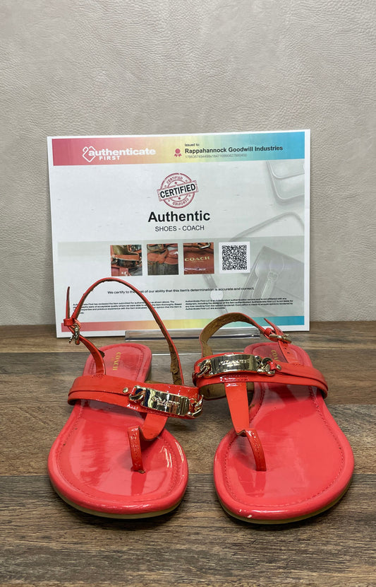Coach Red Patent Leather Thong Sandals Gold Logo Ankle Strap Size 9.5 B COA