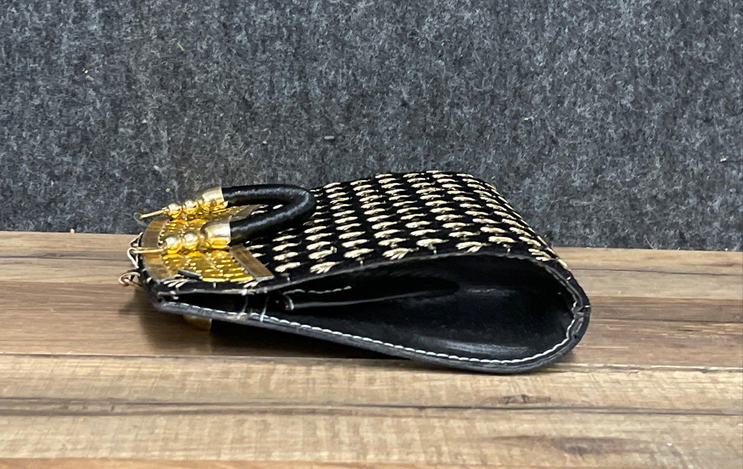 Vintage 90s Black Gold Embroidered Shell Top Handle Evening Handbag Clutch