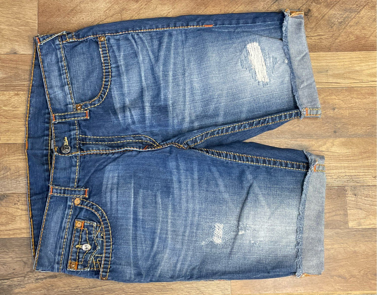 True Religion Men's Blue Distressed Cut Off Denim Shorts Horseshoe Sz 36