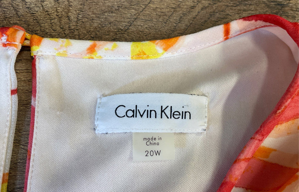 Calvin Klein Women's Lightweight Leaf Print Sleeveless Dress Orange Pink Sz 20W